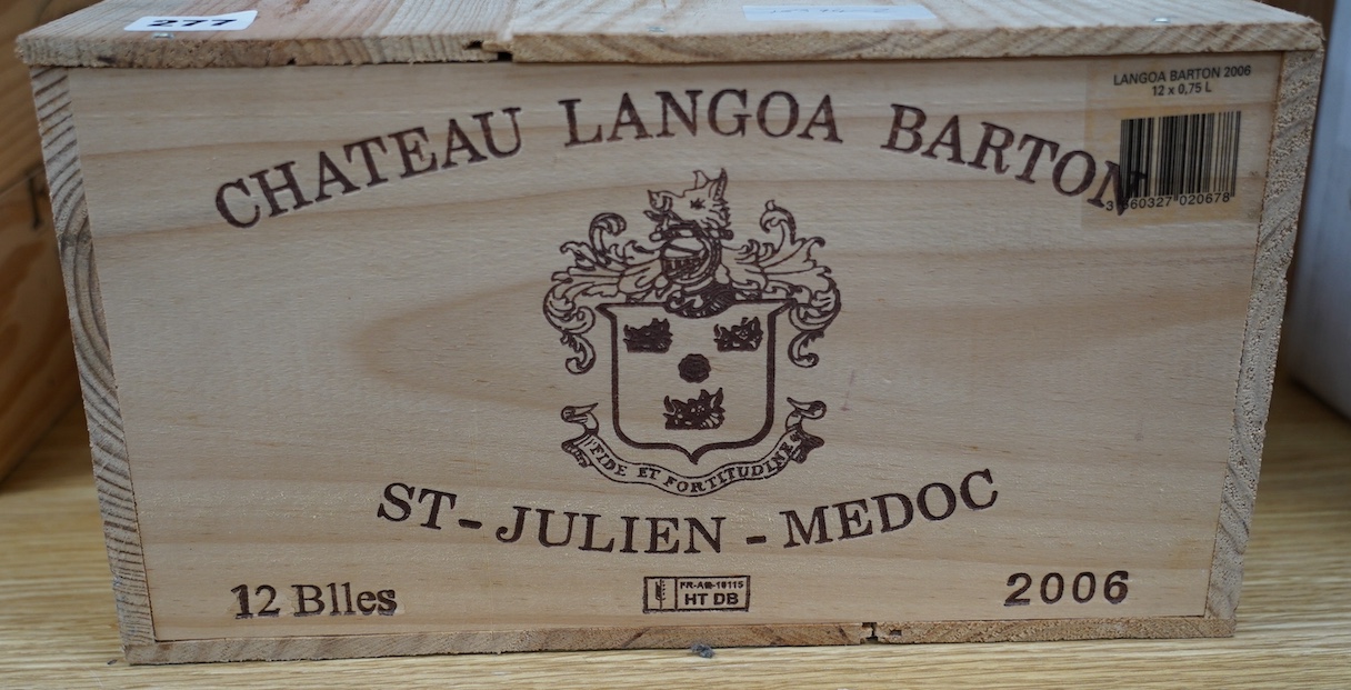 A sealed wood case of twelve bottles of 2006 Chateau Langoa Barton, Saint Julien, in OWC, purchased en primeur from The Wine Society. Condition - good